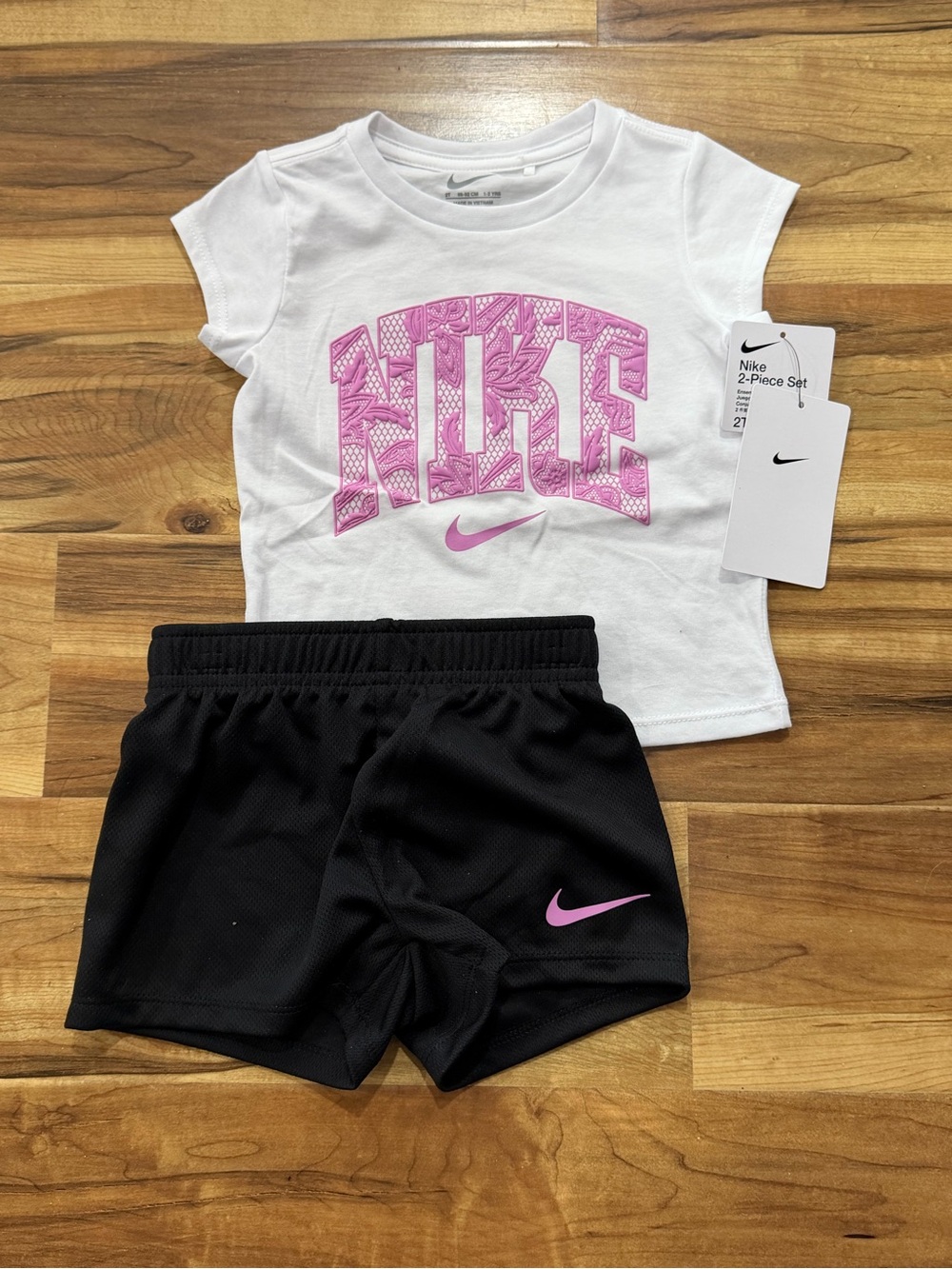 Nike Girls White Tee & Black Shorts Set, new